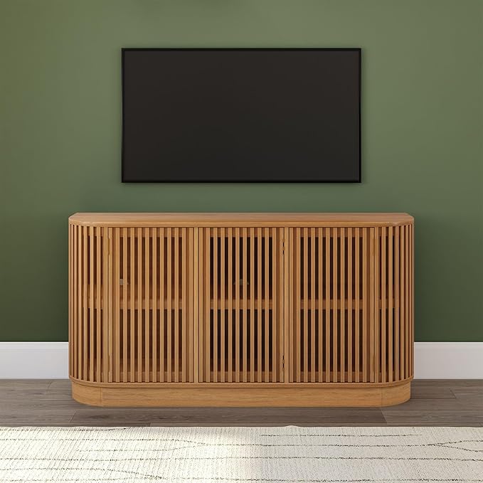 Plank+Beam Contour Wood TV Stand, Three Door Solid Wood Entertainment Console with Storage, 59" L x 16" W x 30" H, Pecan