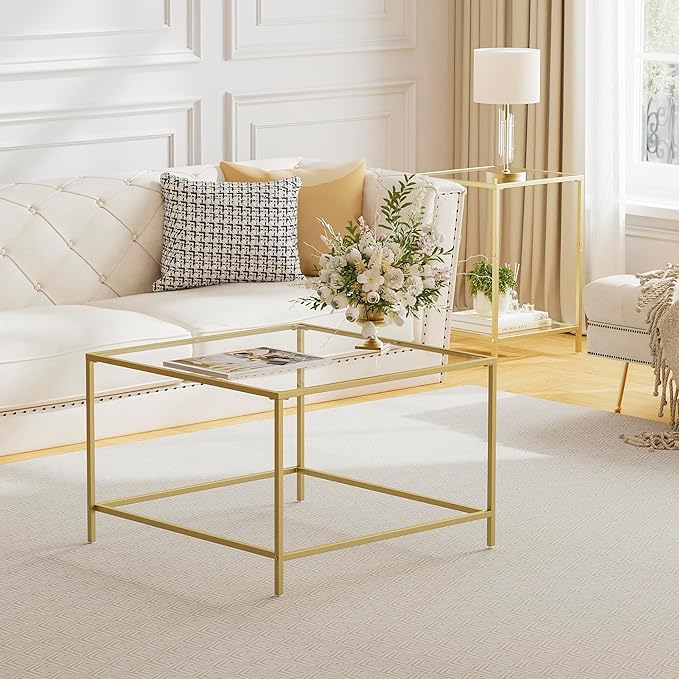 Glass Coffee Table, Modern Square Coffee Table for Living Room, Minimalist Center Tea Table with Sturdy Metal Frame for Apartment, Office, Easy Assembly, 27.6 x 27.6 x 17.7 Inches, Golden