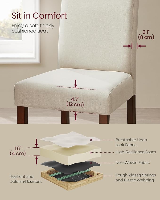 VASAGLE Dining Chairs, Parsons Chairs with Removable Fabric Cover, High Back, for Dining Room Kitchen, Set of 2, Thick Seat, 22.8 x 18.9 x 39.4 Inches, Cream White UKDC152W01