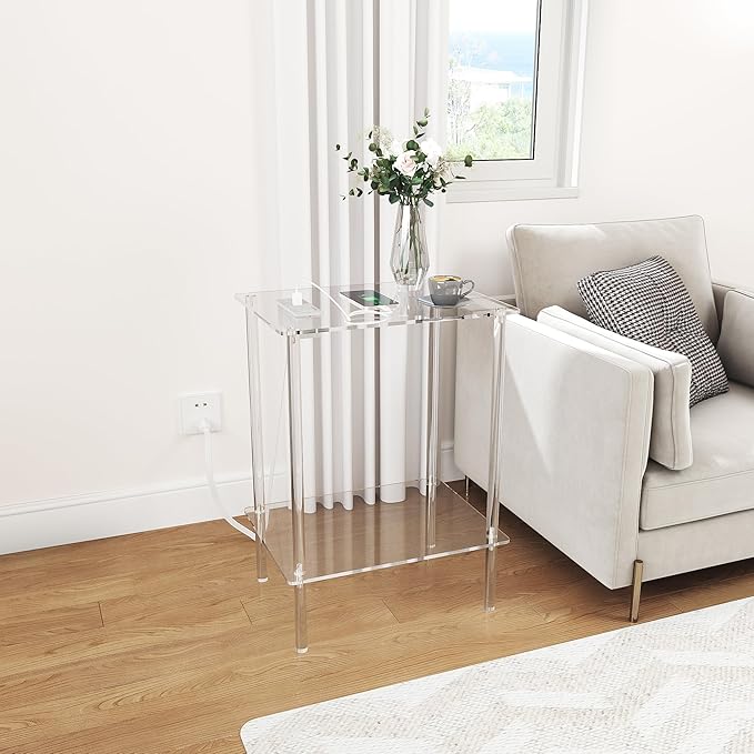 Eglaf Acrylic Side Table with Charging Station & USB Ports - Small Nightstand Bedside Table End Table for Living Room, Bedroom - 15.7'' L x 11.8'' W x 21.7'' H, 2 Tier