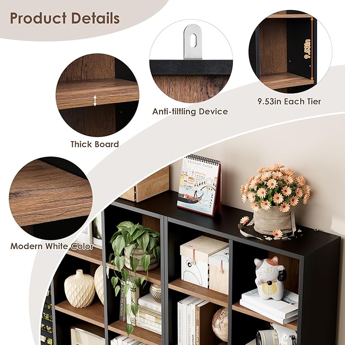 FOTOSOK 71'' Tall Bookshelf, Double Wide Media Tower Rack CD DVD Rack Display Cabinet with Adjustable Shelves, Tall Narrow Bookcase Bookshelf for Home Office, Black/Brown