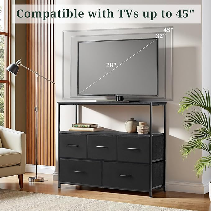 TV Stand, 5 Fabric Drawers Dresser Entertainment Center for TV up to 45 inch Wooden Media Console Table Storage Organizer with Open Shelf, for Living Room, Bedroom, or Small Space, Black