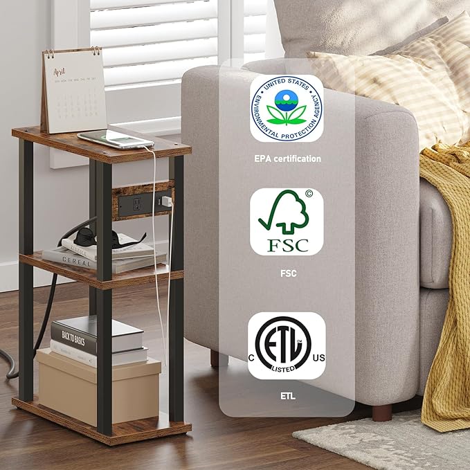 TUTOTAK Small Narrow Side Table with Charging Station, Set of 2 Skinny End Table for Small Spaces, Slim Nightstand with USB Ports and Outlet,Sofa Beside Table with Wheels, Brown TB01BB047