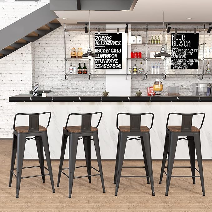 Yongchuang 26 inch Bar Stools Set of 4 Kitchen Counter Height Barstools with Wood Seat Metal Low Back Bar Chairs Matte Black