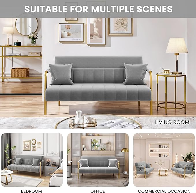 Yaheetech 56.5" W Modern Sofa Small Sofa Luxurious Velvet Fabric Couch with Gold-Tone Metal Arms and Legs for Living Room, Home Office, Studio Light Gray