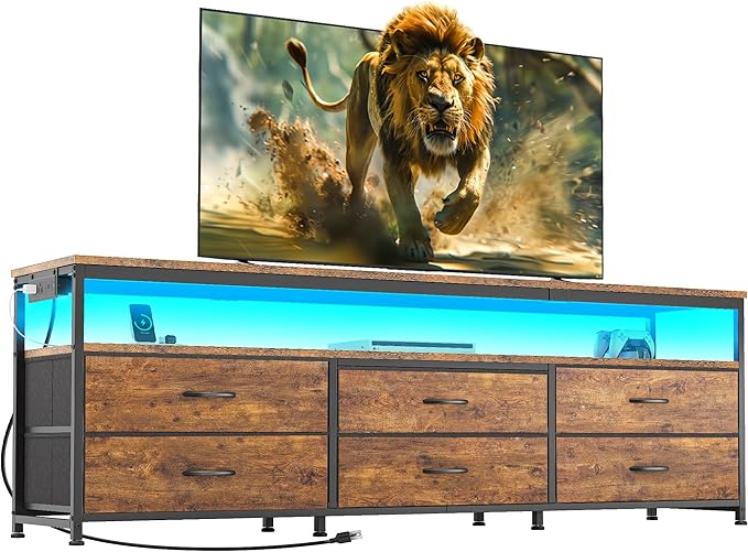 Huuger 63 Inch TV Stand for 55, 65, 70 Inch TV, Long Dresser TV Stand for Bedroom, LED TV Stand with Power Outlets, Rustic Fabric Drawer Dresser with Storage, Entertainment Center for Living Room