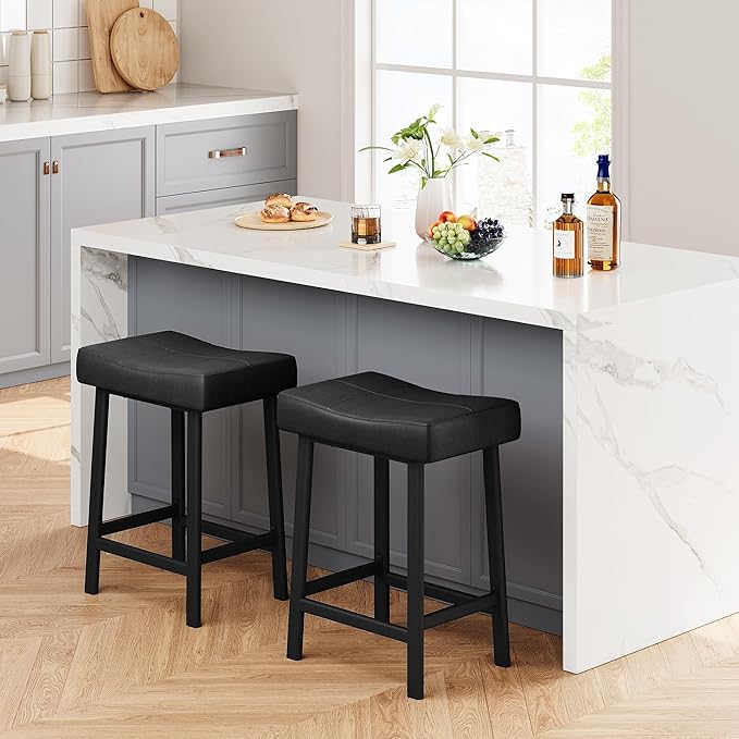 GarveeHome Counter Height Bar Stools Set of 2, 24 Inch Barstools for Kitchen Island Counter, Upholstered Padded Saddle Chairs with Curved Cushion, Easy Assembly, Black