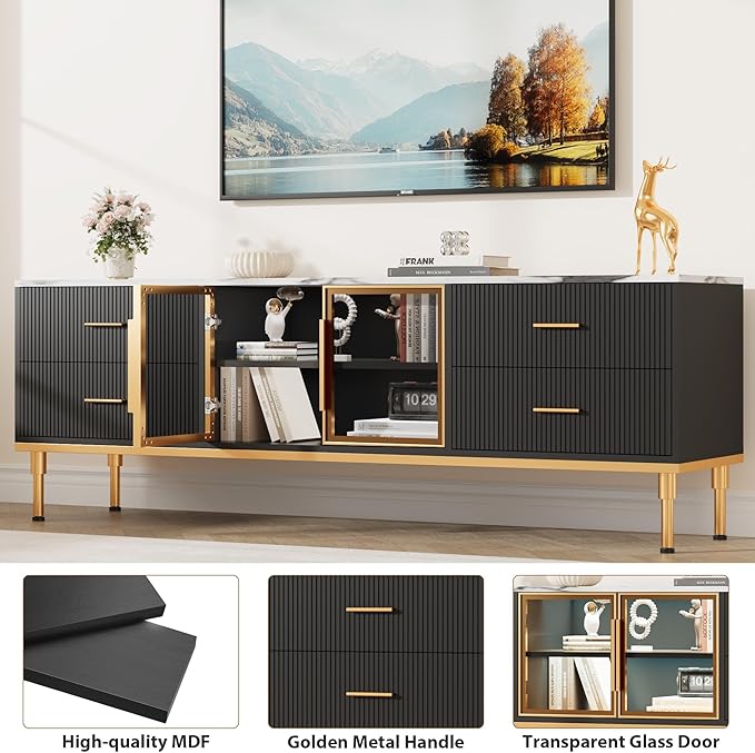 Garvee LED Lighted TV Stand for 55-75" TVs, Modern Entertainment Center with Drawers & Shelves, Glass Doors Living Room Furniture, Black