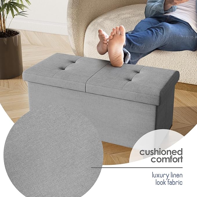 STORAGEBUD Storage Ottoman Bench with Bins, 30-in Storage Bench for Bedroom End of Bed, Folding Foot Rest Ottoman for Living Room Max 660lbs, Fabric Ottomans, Light Grey