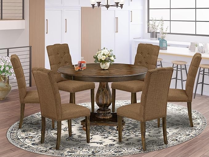 East West Furniture F2EL7-718 7 Piece Dining Table Set Consist of a Round Kitchen Table with Pedestal and 6 Brown Linen Linen Fabric Parson Dining Room Chairs, 48x48 Inch, Distressed Jacobean