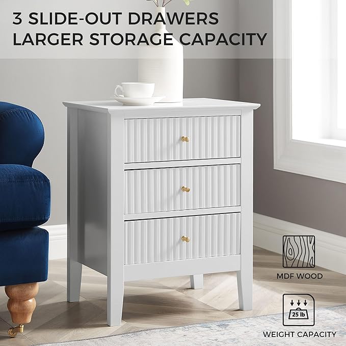OCANDO White Bed Side Table with 3 Drawers 19" W, Bedroom Nightstand 24" H,Vintage Modern Night Stand,Living Room Fluted End Bedside Tables