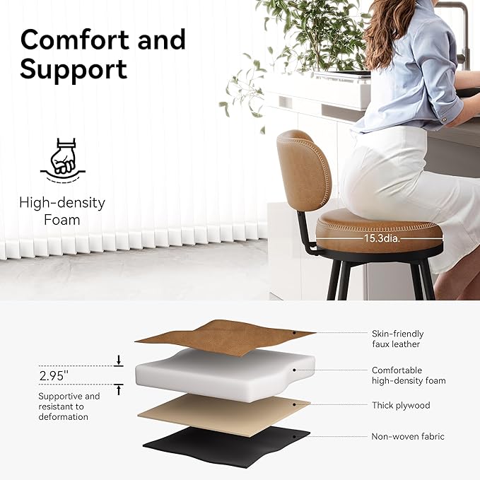 Counter Height Bar Stools, 26" H Swivel Barstools Set of 8, Faux Leather Kitchen Counter Stools with Back and Stylish Stitching, Metal Frame, Pub, Home Bar, Whisky Brown