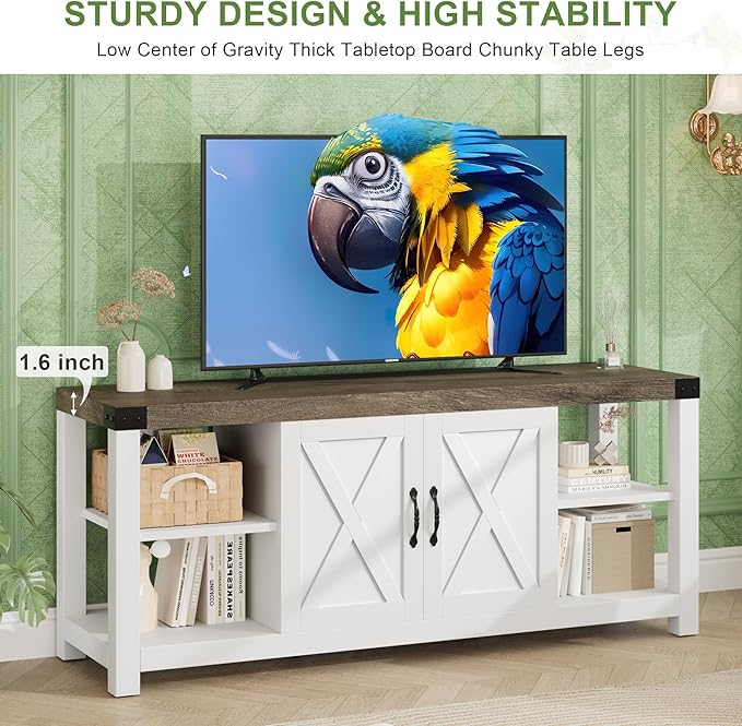 TV Stand for 65 Inch TV, 60 Inch Entertainment Center with Storage, Farmhouse TV Console Table with Shelves, Wooden Media Console Cabinet with Doors, Modern TV Stand for Living Room, Bedroom - White