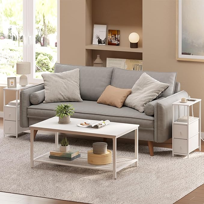 TUTOTAK Small Narrow End Table, Set of 2, Side Table, Nightstand with 2 Cloth Drawers, Couch Table, for Living Room, Bedroom, Bedside, White TB01BW054