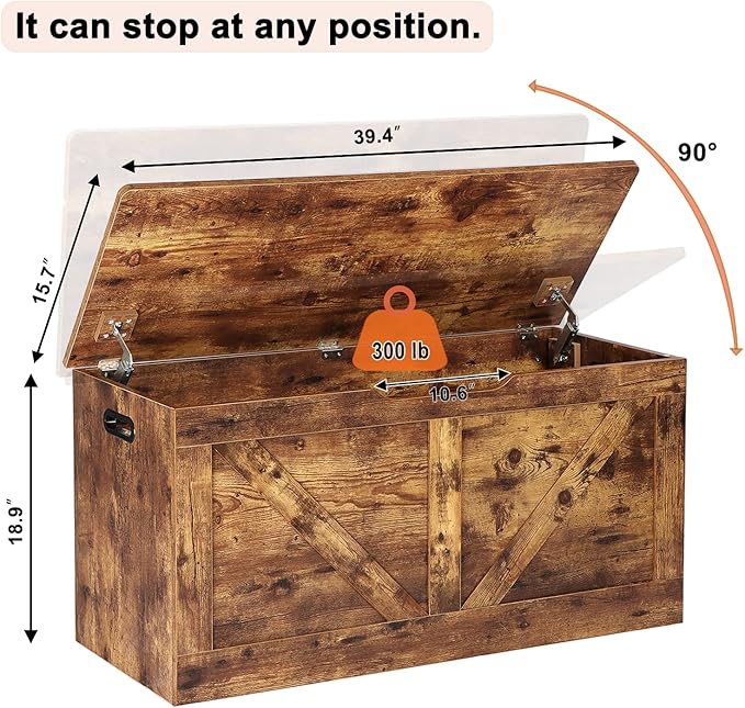 39.4" Storage Chest, Wooden Storage Bench, Large Storage Trunk with 2 Safety Hinges, Entryway Shoes Bench for Living Room, Bedroom, Rustic Brown