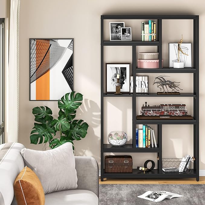 Tribesigns 79 Inch Bookshelf, 7-Tier Tall Bookcase with 10-Open Shelf, Wood and Metal Book Shelf Storage Shelves for Bedroom, Living Room and Home Office, Black
