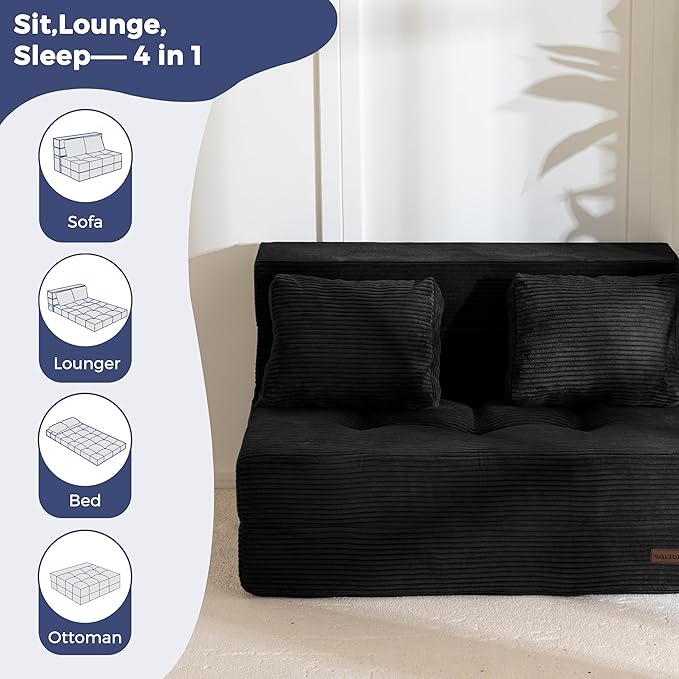 MAXYOYO Convertible Sofa Bed, Fold Out Loveseat Sleeper Sofa with Pillow, 4 in 1 Tufted Folding Couch Bed Foam Floor Couch, Lazy Chair for Living Room Bedroom Guest Room, Black
