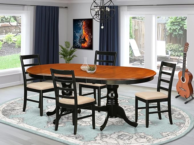 East West Furniture PLPF5-BCH-C 5 Piece Kitchen Table Set for 4 Includes an Oval Dining Room Table with Butterfly Leaf and 4 Linen Fabric Upholstered Chairs, 42x78 Inch, Black & Cherry