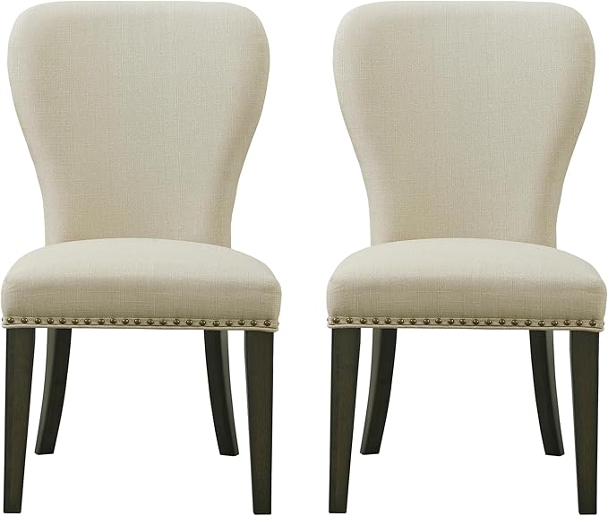 Alaterre Furniture Savoy Upholstered Dining Chairs – Set of 2 Parsons Style Accent Chairs with Cream Linen Fabric, Nailhead Trim, and Dark Stained Legs – for Dining Room, Desk, or Sitting Area