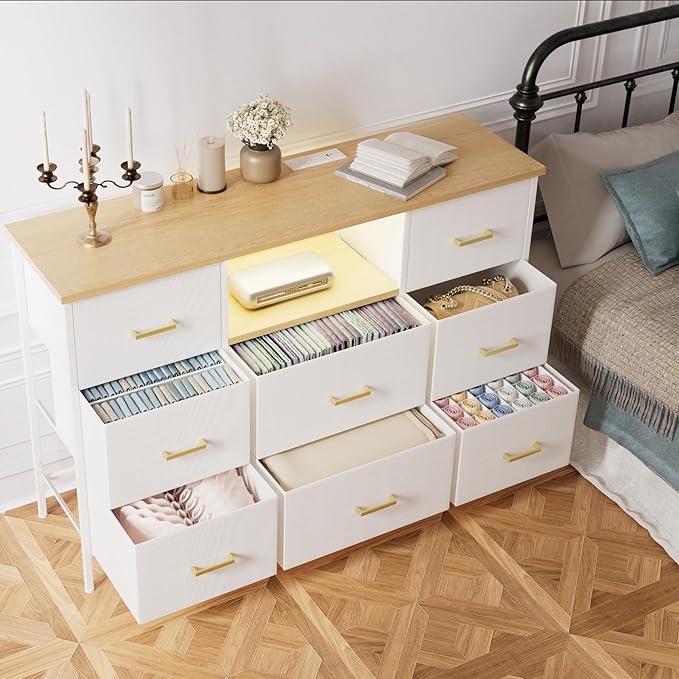 White Dresser with LED Lights and Power Outlets, Dresser TV Stand with 8 Drawers for 55" TV, Fabric Chest of Drawers for Bedroom, Living Room, Entryway