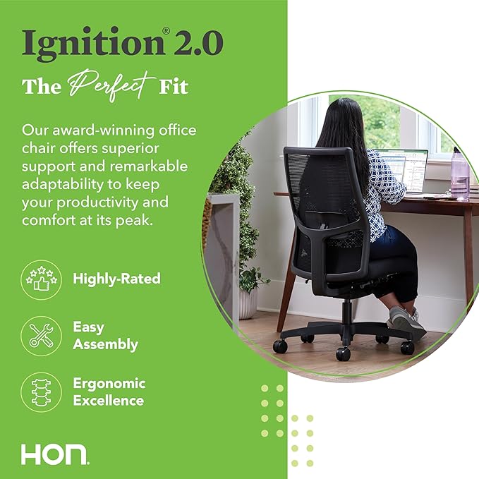 HON Ignition 2.0 Armless Ergonomic Office Chair, Adjustable Tilt, Swivel Wheels, Comfy for Long Hours, Home Office Desk Chairs, Black