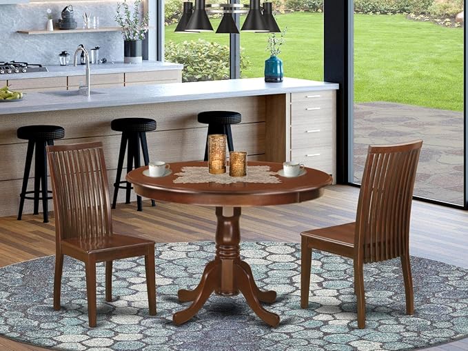East West Furniture HLIP3-MAH-W 3 Piece Modern Dining Table Set Contains a Round Wooden Table with Pedestal and 2 Dining Chairs, 42x42 Inch, Mahogany