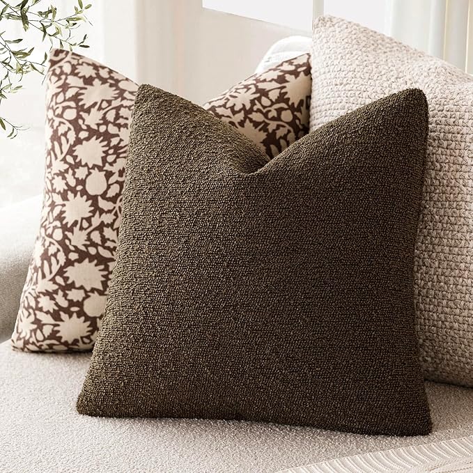Foindtower Pack of 2, Decorative Textured Boucle Throw Pillow Covers Accent Solid Pillow Cases Cozy Soft Couch Cushion Case for Chair Sofa Bedroom Living Room Home Decor 22x22 Inch Chocolate