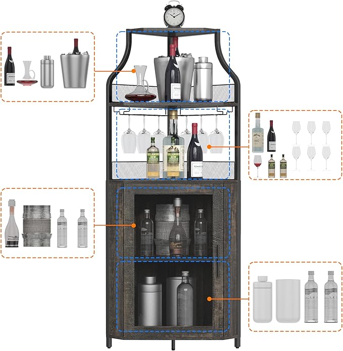 GarveeHome Corner Wine Bar Rack Cabinet with Detachable Wine Rack, Home Bar Cabinet with Barn Door and Adjustable Shelf, Wine Bar Cabinet and Buffet Cabinet with Mesh Door, Fire Wood