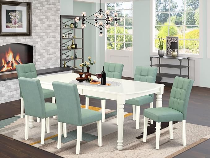 East West Furniture DOAS7-LWH-43 7 Piece Kitchen Dining Table Set Contain A Mid Century Dining Table and 6 Willow Green Polyester Fabric Dining Room Chairs, Linen White