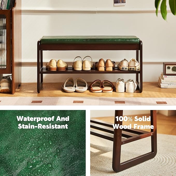 Solid Wood Shoe Bench, 2-Tier Wooden Storage Entryway Bench, Small Storage Bench Entryway Bench, Mid-Century Modern Bedside Bench with Faux Leather Cushion for Dining Room Living Room, Walnut 21.65''