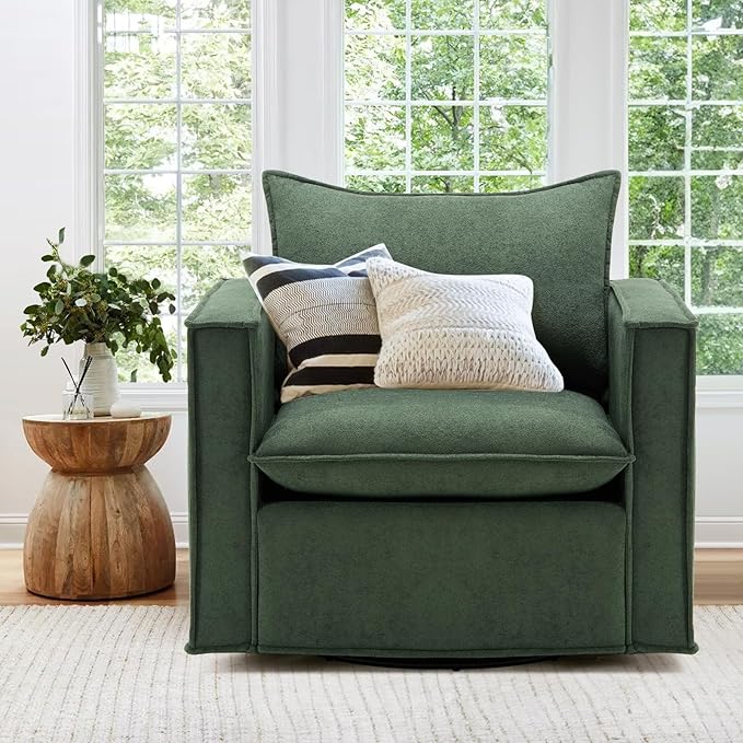 COLAMY Swivel Accent Chair Set of 2, 34 Inches Wide Upholstered Arm Chair with Plump Back Pillow, Modern Sofa Living Room Chair for Bedroom, Corner, Reading Nook-Green