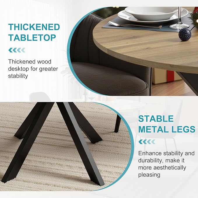 31.5" Round Dining Table for 4, Modern Small Dinner Table Farmhouse Round Kitchen Tables with Metal Legs for Dining Room, Kitchen, Living Room, Rustic Brown & Black