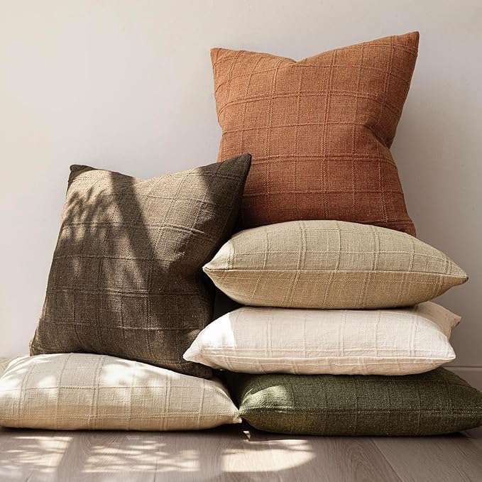 Foindtower Set of 2 Decorative Linen Check Throw Pillow Covers Neutral Farmhouse Vintage Cushion Covers Modern Boho Home Decor for Sofa Chair Couch Bedroom Living Room Outdoor,26×26 Inch,Orange