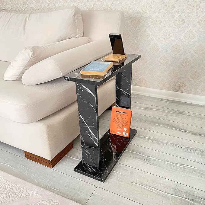 Very Narrow Side Table for Living Room, Small Apartment Space Between Chairs Skinny Table for Recliner, Couch, Armchair, Thin Slim End Table for Living Room, Bedroom, Beverages (Black Marble)
