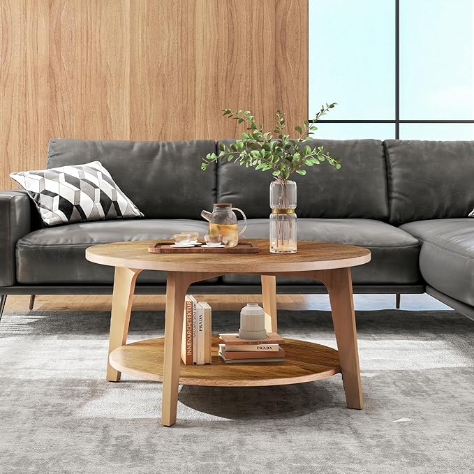Sweetcrispy Round Coffee Table, 32'' Wood Coffee Tables for Living Room with Storage, 2-Tier Center Circle Counter with Wooded Desktop, 50 lbs Capacity, Anti-Slip Feet, Modern Farmhouse Design, Brown
