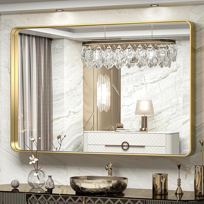 TokeShimi 60 x 40 Inch Brushed Gold Bathroom Vanity Mirror for Wall with Non-Rusting Aluminum Alloy Matte Metal Frame for Modern Farmhouse Home Decor (Horizontal/Vertical)
