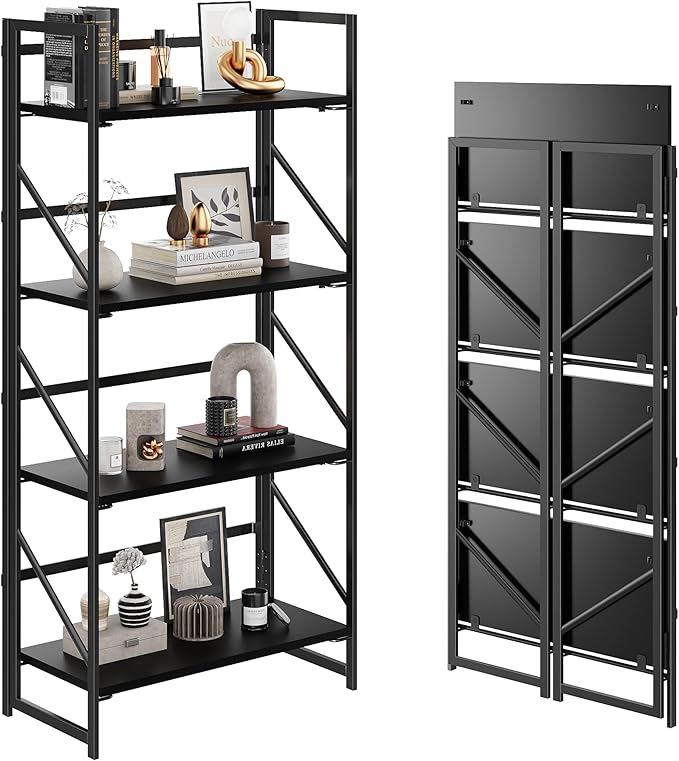 JSB No Assembly Folding Bookshelf, 4 Tier Industrial Metal Book Shelf for Storage, Vintage Wood Foldable Bookcase for Living Room, Bedroom, Office Organization Shelves