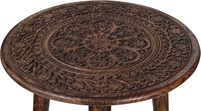 Wooden Table with 3 Legs Pillar,Carving End Tables,Round Coffee Table for Livingroom,Entryway Table,Living Room Side Table for Magazines,Books and Plants - 18"x22" - Burnt