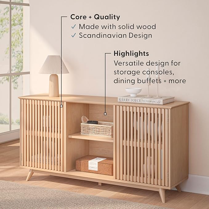 Plank+Beam Mid-Century Modern Wood TV Stand, Solid Wood Entertainment Console with Storage, 59" L x 16" W x 30" H, Blonde
