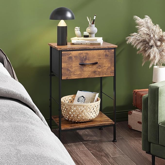WLIVE Nightstand Set of 2, End Table with Fabric Storage Drawer and Open Wood Shelf, Bedside Furniture with Steel Frame, Side Table for Bedroom, Dorm, Rustic Brown Wood Grain Print, 25.03" Height