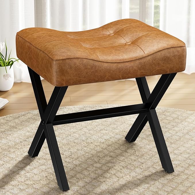 18-Inch Large Leather Vanity Stool, Vanity Chair with Metal X-Leg, Ottoman Foot Stool with Thick Padded Saddle Seat, Brown