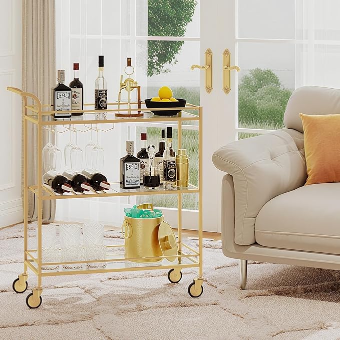 Gold Bar Cart, Home Bar Serving Cart with Handle, Wine Cart with 3-Tier Glass Shelves, Beverage Cart with Wine Rack and Glass Holder, Bar Carts for The Home, Dining Room, Living Room