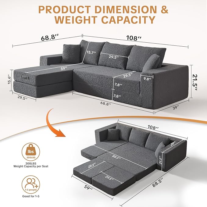 108" Modular Sectional Cloud Sofa - Boneless Couch with Deep Seat, Non Slip Base, Folding Sofa Sectional Couches for Living Room, Cozy Modular Couch with L-Shape Chaise, No Assembly Required, Grey