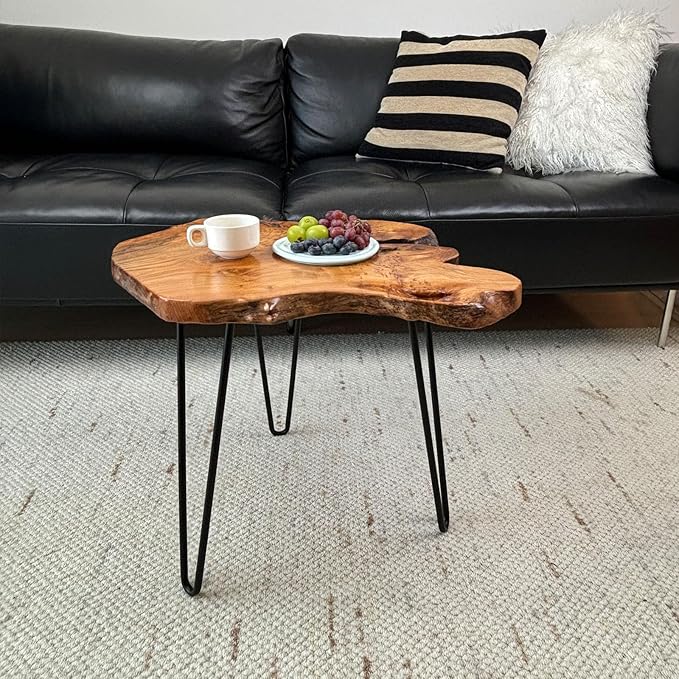Live Edge Coffee Table, Natural Wood Coffee Table for Living Room, Natural Fir Unique Desktop with Metal Hairpin Legs (Large)