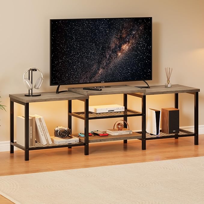 GarveeHome TV Stand with LED Lights for 55/65/75 Inch TV, 67 Inch Large Entertainment Center with Power Outlets, Media Console for Living Room, Bedroom, Grey