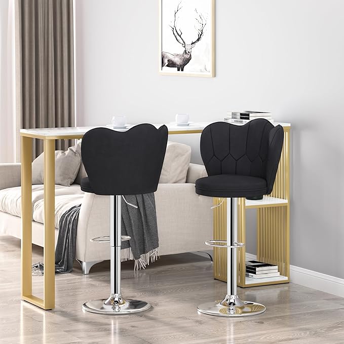 VECELO Bar Stools Set of 4, Adjustable Barstools with Back, Velvet Armless Counter Height Stool Kitchen Island Stool Swivel Bar Chairs for Pub Dining Room Living Room, Black