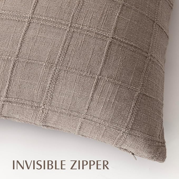 Foindtower Set of 2 Decorative Linen Check Throw Pillow Covers Neutral Farmhouse Vintage Cushion Covers Modern Boho Home Decor for Sofa Chair Couch Bedroom Living Room Outdoor,20×20 Inch,Tan Taupe