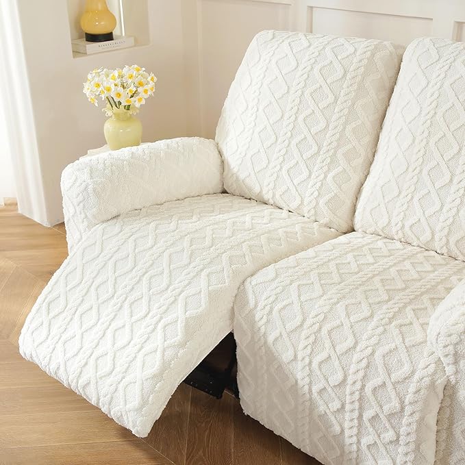 vctops 6 Pieces Geometric Jacquard Plush Recliner Loveseat Slipcovers Soft Fuzzy Fluffy Sofa Couch Cover Anti-Slip Furniture Protector with Elastic Bottom for Kids Cats Dogs(Cream,2 Seat)
