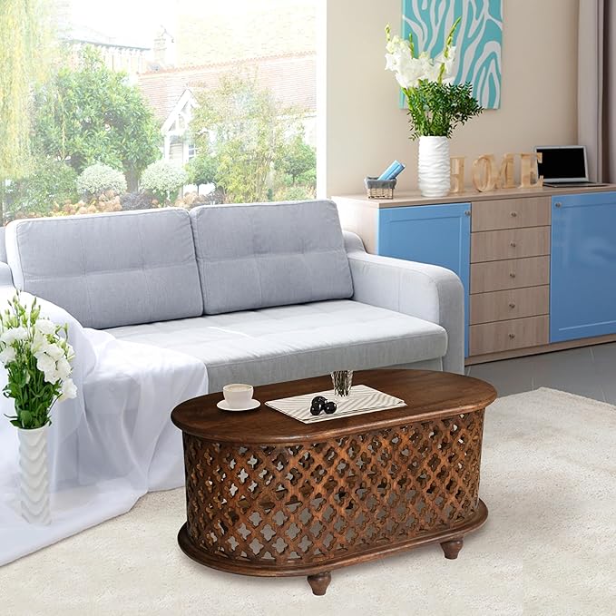 The Wooden Town Solid Mango Wood Coffee Table - Oval Center Table for Living Room, Tea Table, Wooden Accent Table, 36x21x18 Inches - Handcrafted Modern Furniture for Home Décor