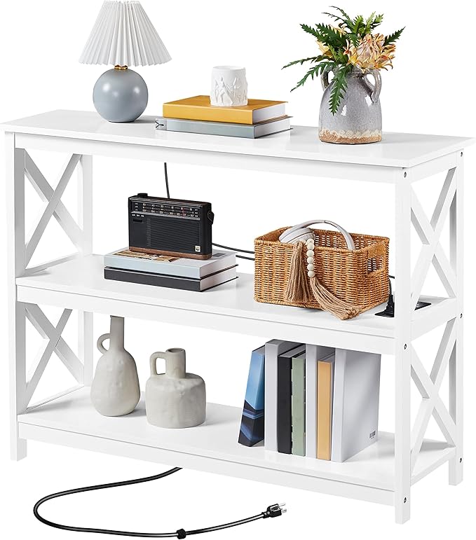 Yaheetech Entryway Table with Storage Shelves, Console Table with Power Outlets and USB Ports, Wood Narrow Sofa Tables with X-Shaped Design for Living Room/Hallway/Couch, White